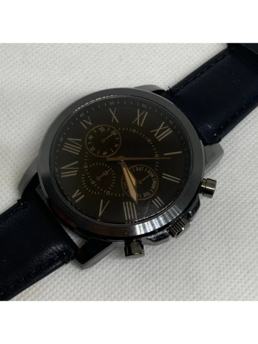 FMD men’s watch black tone quartz analog 50mm Roman indices leather running